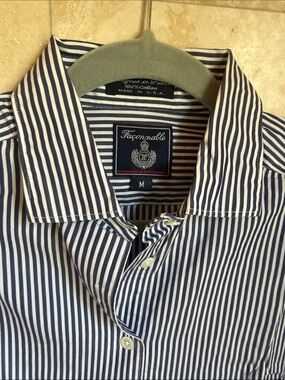 Faconnable Men's Navy and White Striped Cotton Button-Up